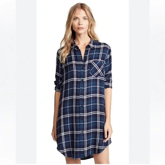 Rails Bianca Tartan Shirt Dress Blue White Plaid Long Sleeve Button Down Sz M - Picture 2 of 10